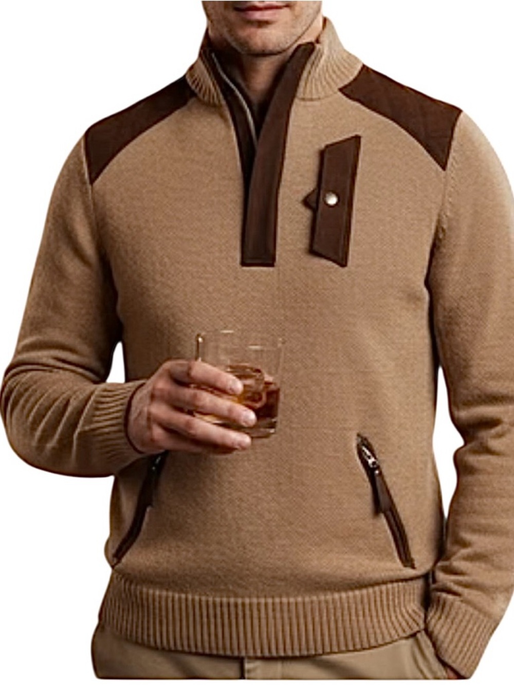 NWOT Alps & Meters Alpine Guide Cashmere/Leather Quarter Zip Ski Sweater Size  L